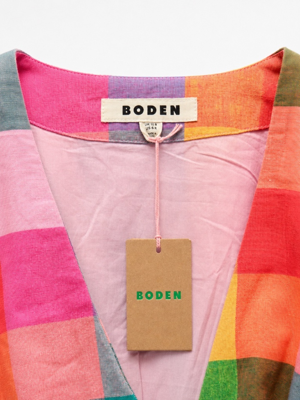 NWT Boden Lola Blouson Maxi Dress US 6R Rainbow Multigingham Linen Cotton - Picture 2 of 6